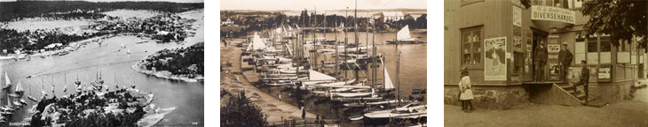 Bildkollaga - gamla bilder från hamnen samt på diversehandeln runt förra sekelskiftet.